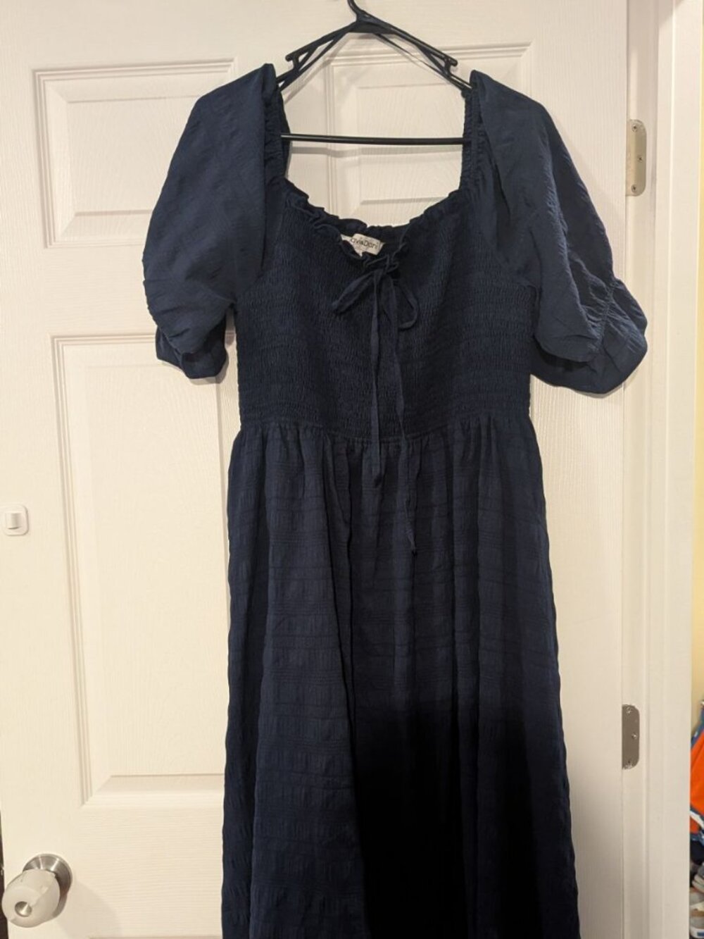Navy Blue Smocked Front Tie Maternity Midi Dress, Size L